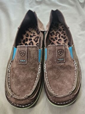 Ariat Brown Suede Slip-On Shoes with Blue Accent